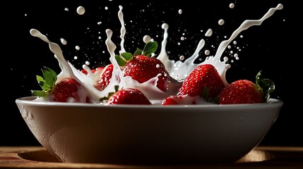 Wall Mural - Fresh red strawberries submerged in a bowl of milk with a splash of milk around them.