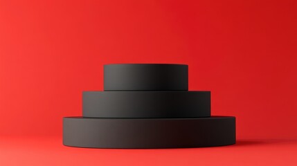 Poster - Pastel black cylindrical podium with steps against a red background 3D rendering of an abstract geometric pedestal or platform for product display presentations Minimalist scene