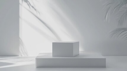 Wall Mural - White display pedestal with a box on a white background featuring a cube shape 3D rendering of a white podium scene