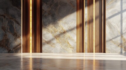 Poster - Modern interior showcasing a stunning background of a wooden panel seamlessly blending with a luxurious marble wall pattern creating an elegant atmosphere perfect for contemporary spaces