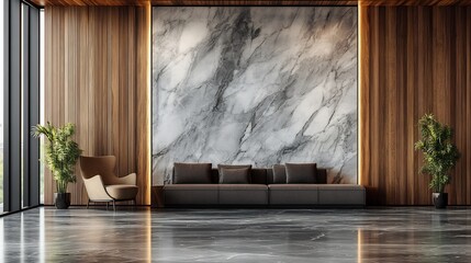Poster - Modern interior showcasing a stunning background of a wooden panel seamlessly blending with a luxurious marble wall pattern creating an elegant atmosphere perfect for contemporary spaces