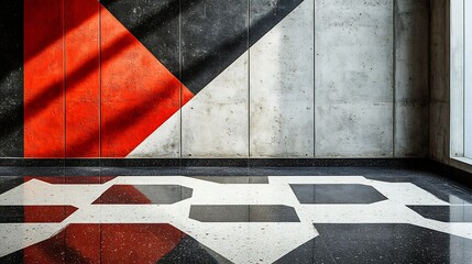 Poster - Modern terrazzo flooring texture with geometric shapes in striking black white and red stones contrasting against a minimalist gray concrete wall for a contemporary vibe
