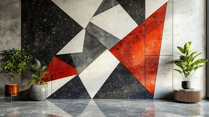 Fototapete - Modern terrazzo flooring texture with geometric shapes in striking black white and red stones contrasting against a minimalist gray concrete wall for a contemporary vibe