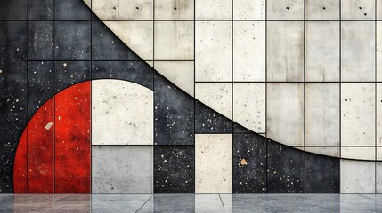 Poster - Modern terrazzo flooring texture with geometric shapes in striking black white and red stones contrasting against a minimalist gray concrete wall for a contemporary vibe
