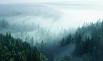 Poster - Misty Pine Forest Landscape with Dense Fog and Lush Greenery in Early Morning Light