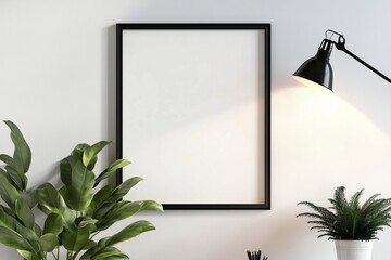 Wall Mural - empty A4 frame on white wall with spotlights 