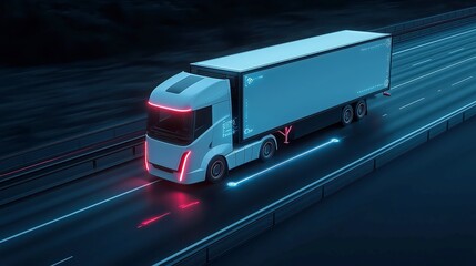 Poster - Futuristic Self-Driving Truck on Highway, Smart Freight Transport Concept, Cargo Delivery Visualization with HUD Elements, Aerial Perspective of Advanced Shipping Solutions