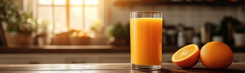 Glass of orange juice next to two oranges