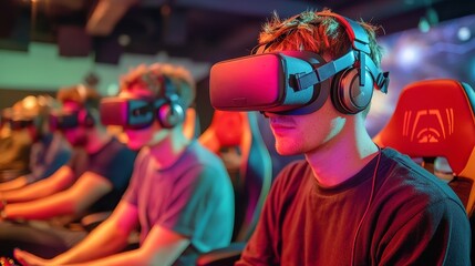 Poster - Gamers disconnecting from virtual reality headsets, expressing relief and excitement, vibrant gaming environment, immersive experience, focus on camaraderie and shared enjoyment.