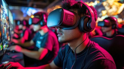 Poster - Gamers emerging from virtual reality, immersed in a digital world, taking off headsets, vibrant game posters decorate the walls, excitement and energy fill the room.