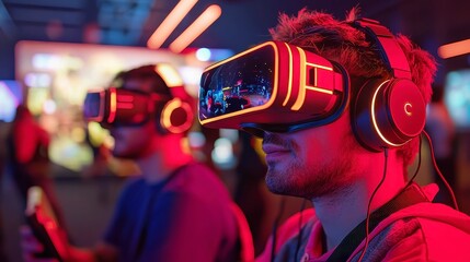 Poster - Gamers emerging from virtual realms, immersed in digital worlds, shedding their headsets, exhilaration in the air, the room filled with a blend of technology and camaraderie.