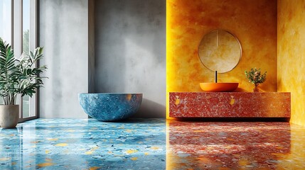 Poster - Playful terrazzo flooring design featuring bright colors like aqua blue sunny yellow and vivid red stones set against a soft gray concrete wall that enhances its cheerful vibe