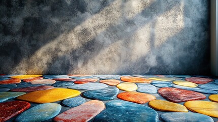 Poster - Playful terrazzo flooring design featuring bright colors like aqua blue sunny yellow and vivid red stones set against a soft gray concrete wall that enhances its cheerful vibe