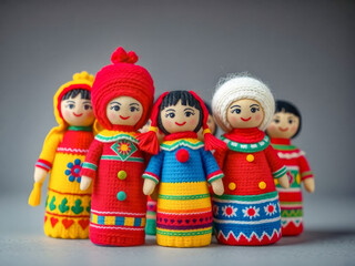 Wall Mural - A group of dolls are standing together, with one of them wearing a red hat. The dolls are all smiling, creating a cheerful and friendly atmosphere