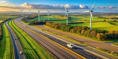 Wall Mural - British Motorway through Farmland with Wind Turbines Macro