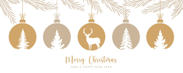 Wall Mural - merry christmas card with hanging ball decoration with fir trees and deer vector illustration