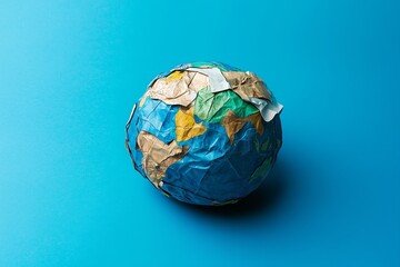 Global warming, climate catastrophe and environmental trouble concept with deflated globe isolated on blue background