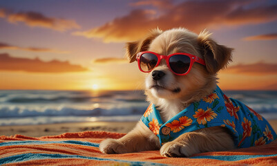 Stylish Puppy Enjoying a Sunset at the Beach