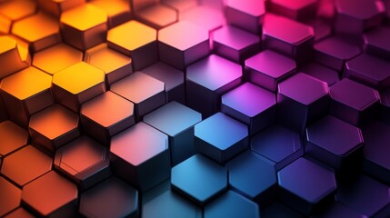 Aufkleber - A striking arrangement of hexagonal tiles displays a gradient of purple and orange hues against a black background, creating a visually captivating texture that invites exploration.