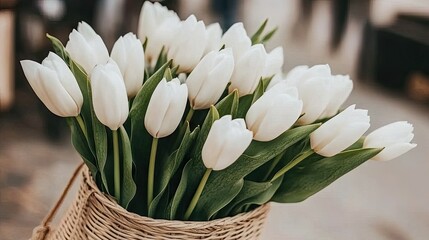 A straw bag filled with fresh white tulips rests gracefully on a cozy sofa, adding a touch of elegance to home decor while offering a stylish option for outings