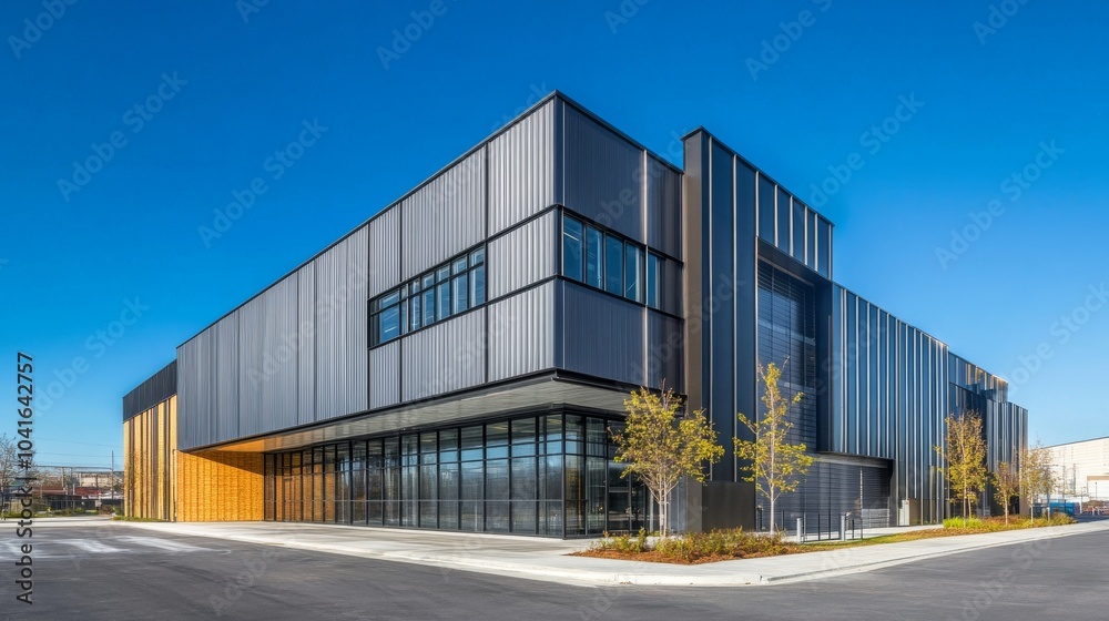 A modern industrial building with an aluminum facade and blue sky ...