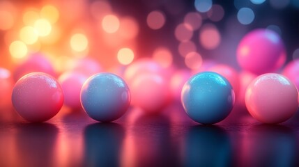 Fototapete - A series of colorful spherical objects in shades of pink and blue are positioned on a shiny surface, contrasting against a softly glowing backdrop.