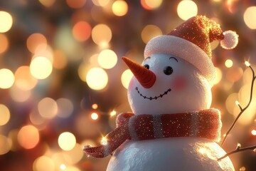 A 3D rendering illustration of a snowman with a bokeh lights background - Merry Christmas card with generative ai