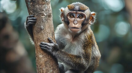 Emaciated Monkey Clinging to Tree Branch Symbolic of Habitat Loss and Food Scarcity