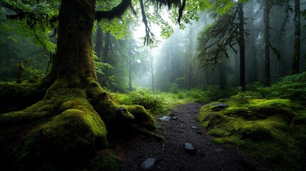 Poster - A misty forest path leads through a lush green landscape, sunlight filtering through the dense canopy of trees, revealing the beauty of nature.