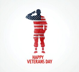 saluting american soldier on veterans day with happy veterans day text and american flag colors in v