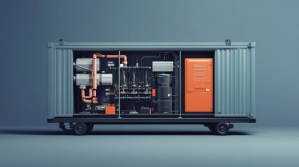 A modular industrial container showcasing machinery and components for energy generation.