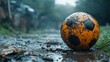 © tono boys - A muddy soccer ball sits in the middle of a dirt road during a rainstorm.
