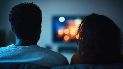 A couple enjoys each other's company on a couch while they watch a show on television in their dimly lit living room