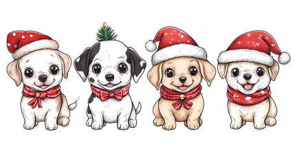 Set of cute and smiley baby dog doodles. Happy baby dog faces of dalmatian, pug, poodle, beagle with flat color, bows, hats, and scarves isolated on white. Sticker, comic, and print design.