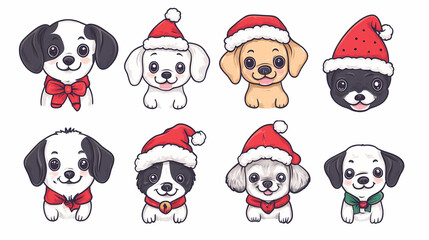 Set of cute and smiley baby dog doodles. Happy baby dog faces of dalmatian, pug, poodle, beagle with flat color, bows, hats, and scarves isolated on white. Sticker, comic, and print design.