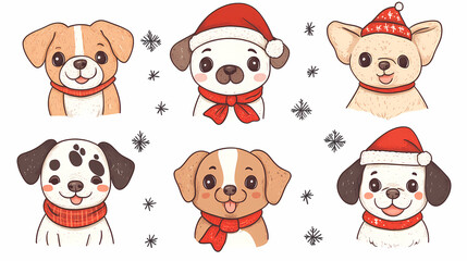 Set of cute and smiley baby dog doodles. Happy baby dog faces of dalmatian, pug, poodle, beagle with flat color, bows, hats, and scarves isolated on white. Sticker, comic, and print design.