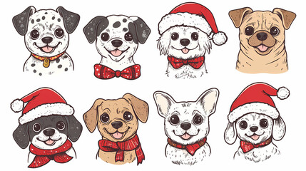 Set of cute and smiley baby dog doodles. Happy baby dog faces of dalmatian, pug, poodle, beagle with flat color, bows, hats, and scarves isolated on white. Sticker, comic, and print design.