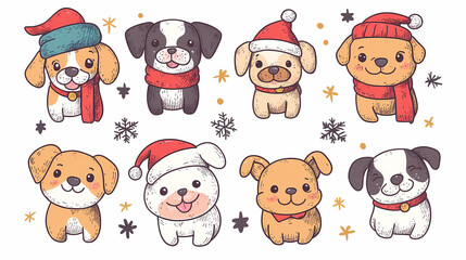 Set of cute and smiley baby dog doodles. Happy baby dog faces of dalmatian, pug, poodle, beagle with flat color, bows, hats, and scarves isolated on white. Sticker, comic, and print design.