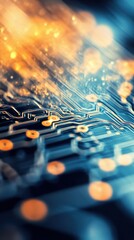 Poster - A high-tech circuit board displays complex electrical pathways and luminous elements, highlighting advanced technology's detail