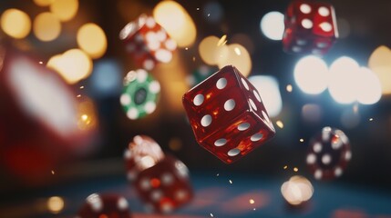 Red dice are flying above a craps table, with scattered chips adding to the lively atmosphere of a casino game night. Generative AI