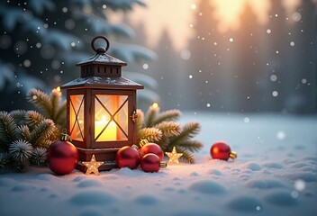 Christmas Lantern Shining in Snow with Fir Branches - Winter Decoration Background Capturing the Warmth of the Season