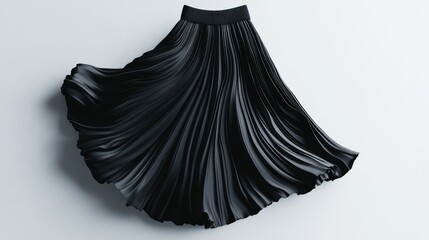 A flowing black pleated skirt displayed against a minimalist background.