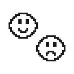 Poster - Happy and Sad Faces Pixelated Icon. Pixel Art of Positive and Negative Emotions. Feedback or Mood Symbol. Isolated Vector Illustration
