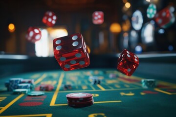 Poster - The red dice are airborne over the craps table, with colorful chips scattered around, showcasing a thrilling moment in gameplay. Generative AI