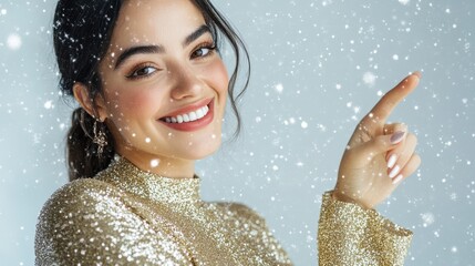 Wall Mural - Half body shot of a Hispanic woman in a gold sequined blouse, smiling while pointing to right, with a snowy white studio backdrop, festive promotions, holiday retail marketing, Christmas shopping