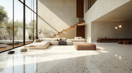 Poster - Seamless terrazzo flooring design featuring muted tones of beige taupe and soft white beautifully contrasted with a textured charcoal concrete wall for a sophisticated look