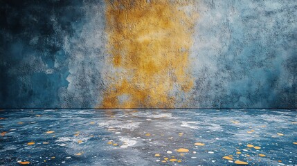Poster - Seamless texture of terrazzo marble flooring with bold contrasting colors of deep blue golden yellow and soft gray beautifully arranged against a rustic concrete wall backdrop