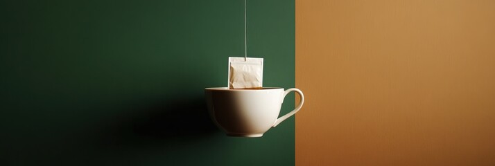 Poster - A delicate tea bag is being steeped in a white cup, resting on a contrasting green and brown backdrop for a calming vibe. Generative AI