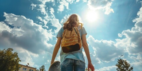 A person wearing a backpack and carrying a skateboard, ready for an adventure