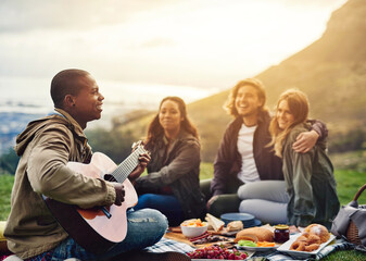 Poster - Friends, picnic and people in nature with guitar on holiday, vacation and adventure outdoors. Travel, happy and men and women with acoustic instrument for music for bonding, relax and fun on weekend